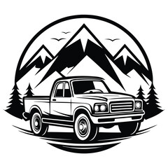 Retro Pickup Truck Black and White Illustration, Mountain Silhouette, Pine Trees & Birds © Shipon