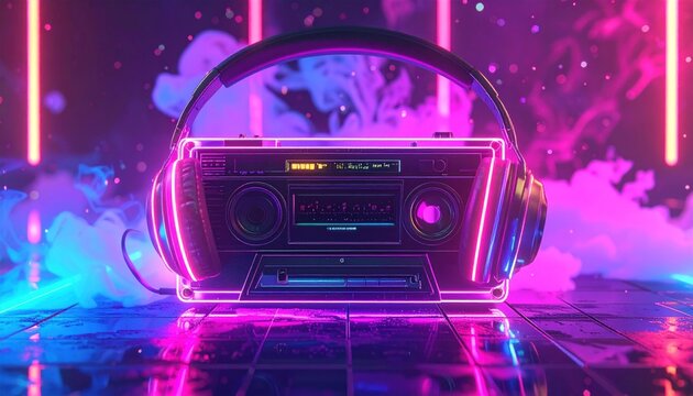 Neon-lit boombox with headphones, bathed in pink and blue hues, reflecting on a glossy tiled surface