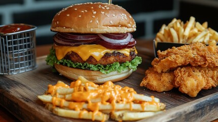 A cozy diner table setup with a signature Burger Haven burger combo crispy chicken burger and cheesy fries overlay cut out on isolated transparent removed background