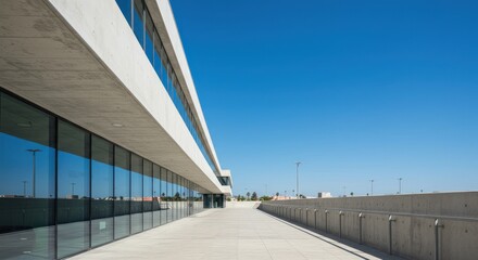 Modern building exterior with glass windows and concrete under a blue sky.
