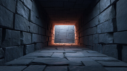 A stone brick tunnel receding into the distance has a bright orange light at the end of the passage suggesting hope, escape or adventure awaits in the darkness.