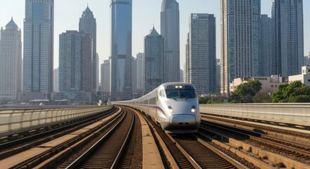 Naklejka premium Train on tracks with skyscrapers in the background during daytime.