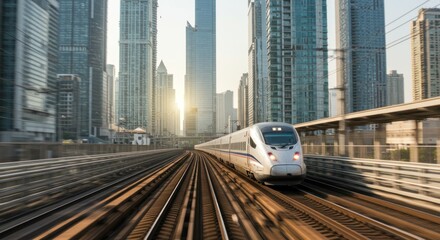 High-speed train on tracks in a city with tall buildings and sunlight.