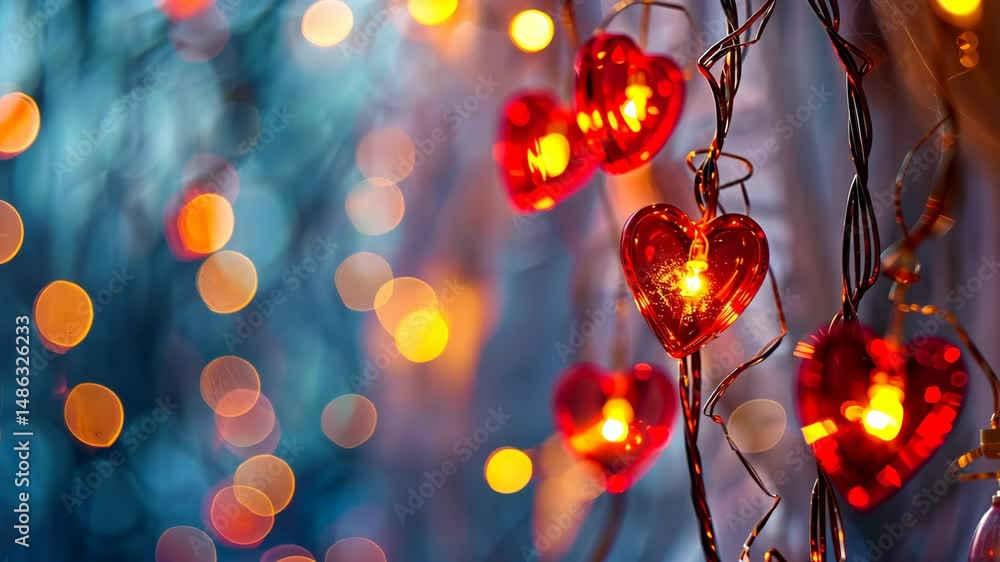 Poster festive heart-shaped lights illuminating backdrop with soft bokeh effect and warm glowing hues creat