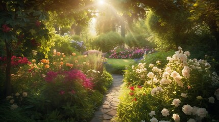 Sunlit Garden Path with Flowers, and Summer.