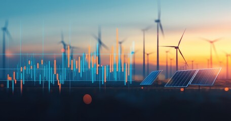 Renewable energy investment.  Financial data overlaid on a wind farm and solar panels