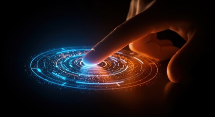 Finger touching glowing digital interface with blue and orange light on black background.