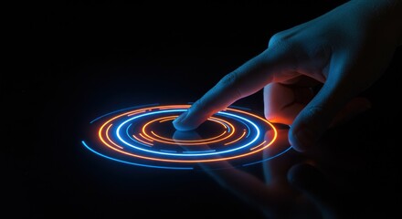 Finger touching glowing circular interface element on black background.