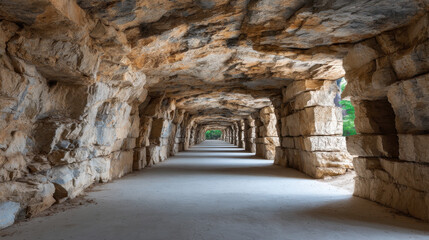 Obraz premium A long rock tunnel with textured stone walls creates a sense of depth and perspective as it stretches into the distance, inviting exploration and adventure.