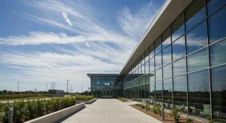 Obraz premium Modern building with glass facade and concrete walkway under a bright blue sky.