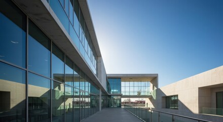 Modern building exterior with glass windows and concrete under a clear blue sky.