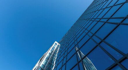 Glass skyscraper against clear blue sky reflecting sunlight modern architecture building.