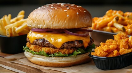 A cozy diner table setup with a signature Burger Haven burger combo crispy chicken burger and cheesy fries overlay cut out on isolated transparent removed background