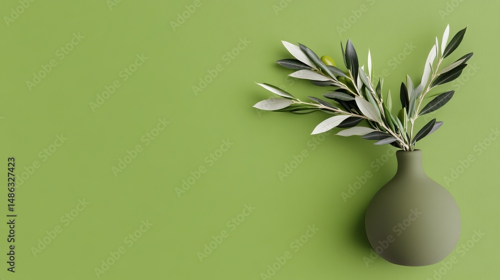 Poster olive branches are arranged in a round green vase against a solid green backdrop, creating a minimal