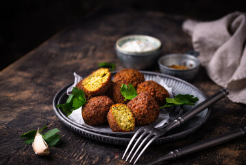 Middle Eastern falafel balls with sauce