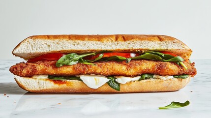 Close-up view of a gourmet chicken sandwich featuring a crispy coating, melted mozzarella, fresh spinach, and ripe tomatoes on a toasted ciabatta roll