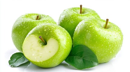 Four fresh green apples with one cut into a heart shape, water droplets, and leaves on a white background.