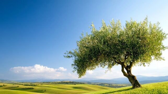 Olive tree stands prominently in a green field with rolling hills under a clear blue sky, showcasing a serene landscape. - Powered by Adobe