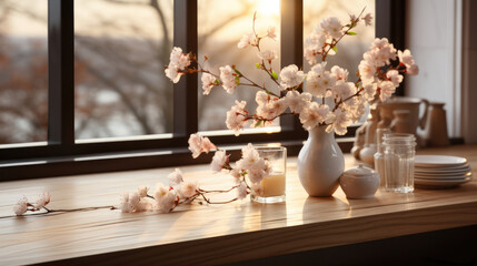 A window sill holds a vase of blossoms in the sunlight, plates, and glass jars