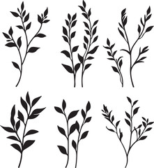 Fototapeta premium Black Botanical Leafy Branches Silhouette Vector Art