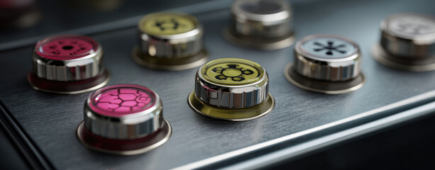 Close-up of a control panel with illuminated buttons featuring unique symbols