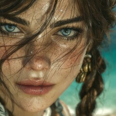 close up of a beautiful model with blue eyes and dark hair 