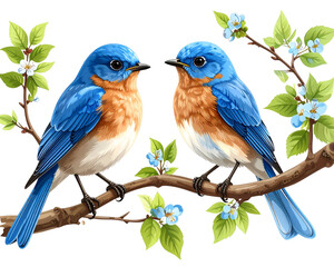 Obraz premium Two realistic bluebirds perched on branches, clip art style with isolated on a trasparent background