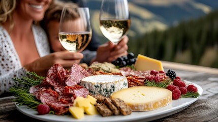 People are holding wine glasses and presenting a cheese and salami platter on a wooden table with mountains in the background.