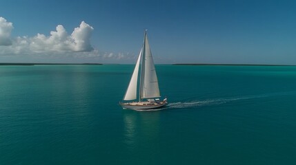 Fototapeta premium A white sailboat navigates the vast indigo ocean, leaving a gentle wake as its sail catches the wind beneath a bright sunlit sky