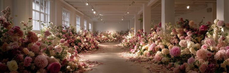 beautiful interior full of flowers onthe floor for a wedding 