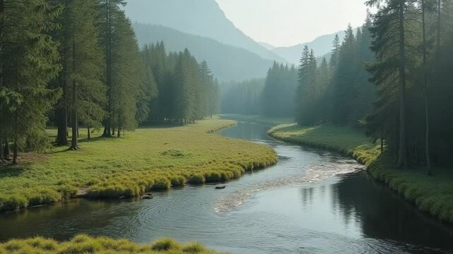Winding River with Grassy Island in Northern European Forest