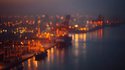 Fototapeta premium View of a bustling port during golden hour with cargo ships and cranes, soft sunlight shimmering on the water, blurred industrial structures visible in the distance