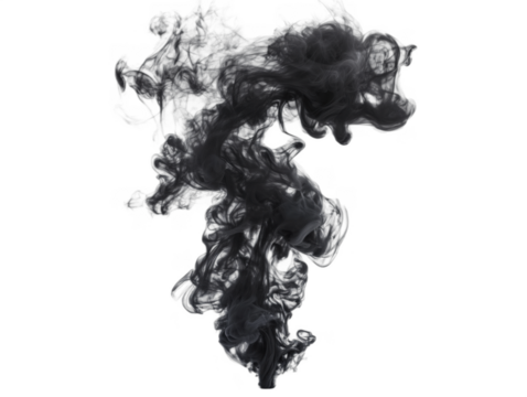 Black smoke swirling in abstract shape on white background for artistic design, isolated on transparent background, png
