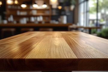 In a restaurant, a brown wood table with a blurred background provides an empty space for product display or montage on a wooden board