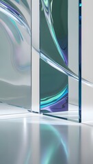 A smooth glass-like surface with reflections of light bending and scattering, creating a dynamic yet calming abstract space.9