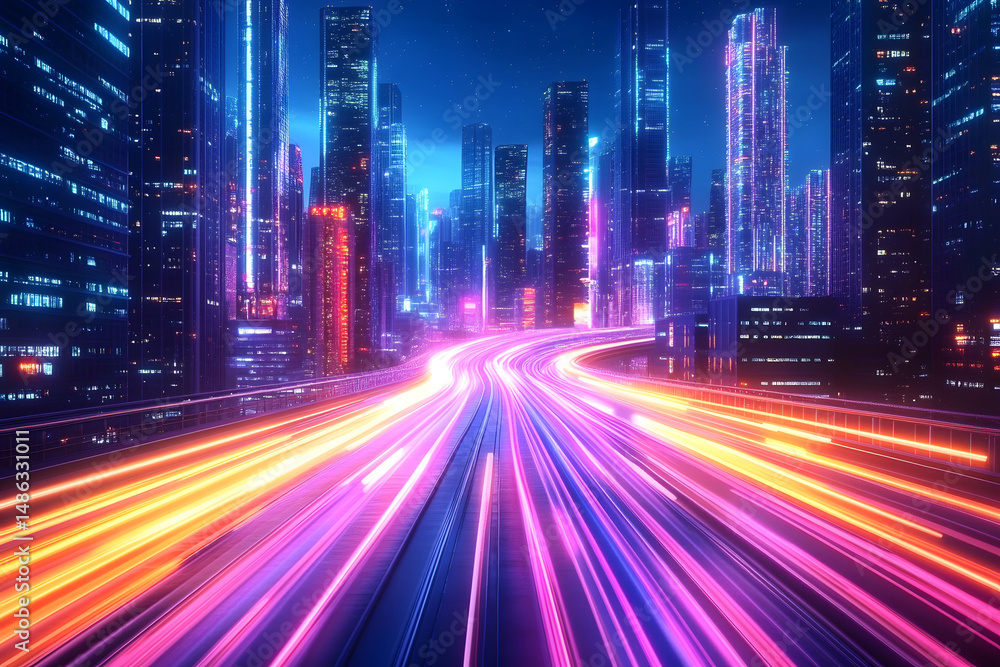 Poster a path is illuminated by swift light trails as they make their way through a modern, high-tech city,