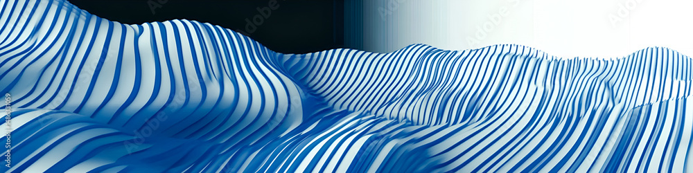 Poster abstract three-dimensional illustration featuring undulating blue and white striped lines creating a