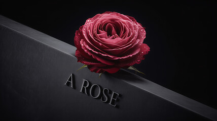 Top view of a blooming red rose placed diagonally with visible leaves, featuring dramatic yet natural contrast on a pure black canvas

