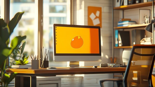 Cinematic shot of a modern office deskm, with a modern computer screen, with a minimal 2d animated orange blob on it, the office background includes contemporary office environment in daytime, with vi
