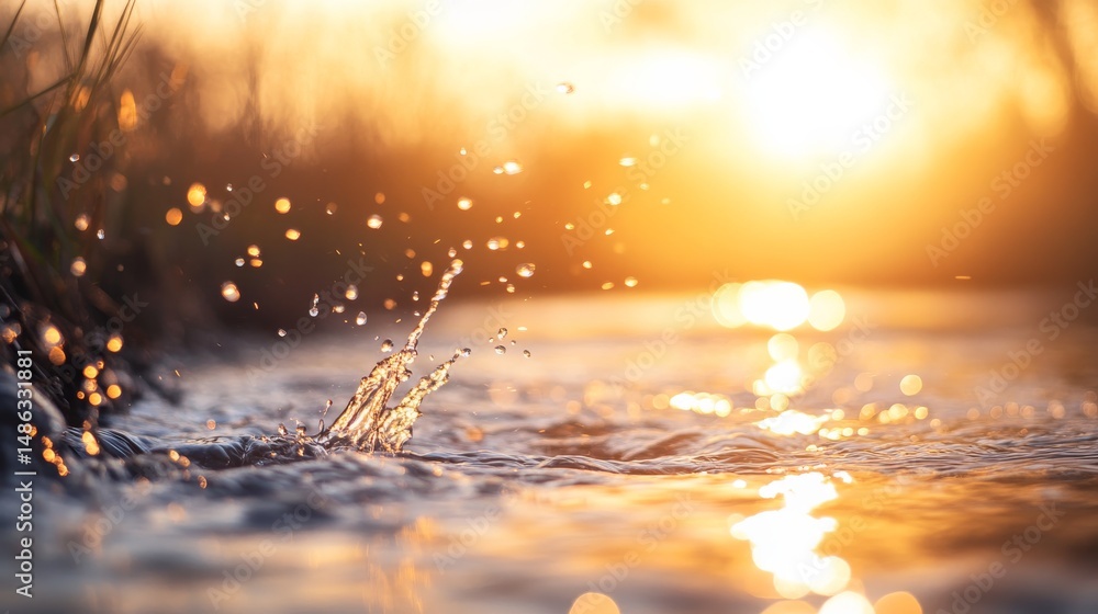 Aufkleber Sunlight pierces through water droplets on grass, creating a serene atmosphere by the stream. The golden highlights and bokeh enhance the calming effect of the scene