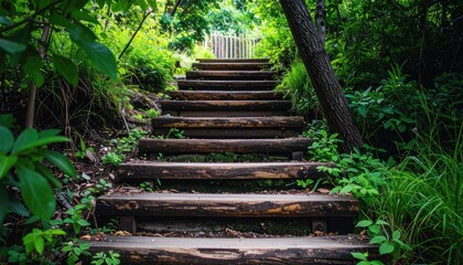 Obraz premium Woodland steps lead upward through lush foliage