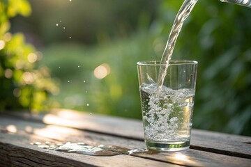 Fresh Water Being Poured into Glass Outdoors. Clear water splashing into a glass on a wooden surface with natural green background, symbolizing hydration and purity in nature