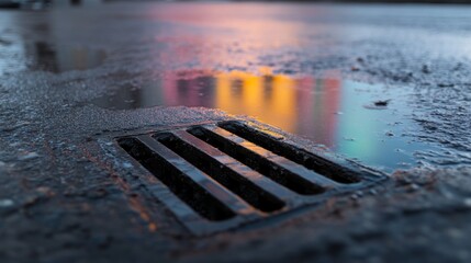 A vibrant oil slick covers dark asphalt, leading into a street drain. The sheen reflects the sky and nearby buildings, highlighting environmental pollution issues
