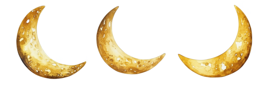 Golden crescent moons in watercolor style with textured surface and soft glow, isolated on transparent background, png