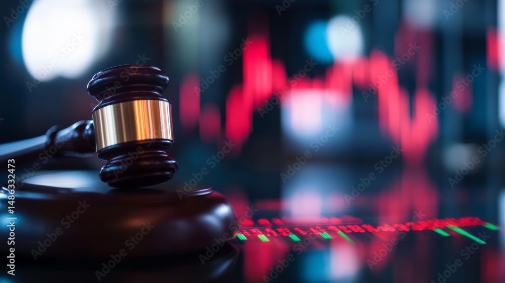 Poster close-up of a wooden gavel positioned on a financial chart, illustrating the intersection of law and