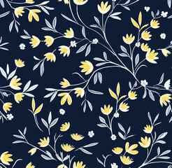 Seamless Floral Pattern With Yellow Flowers And White Leaves On A Dark Blue Background. 