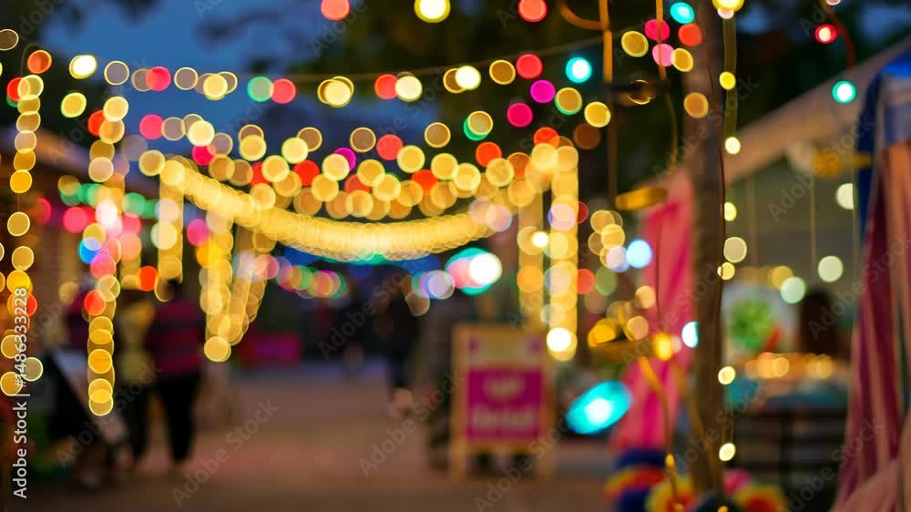 Poster colorful string lights create a magical atmosphere in a night market full of bright bokeh and cheerf