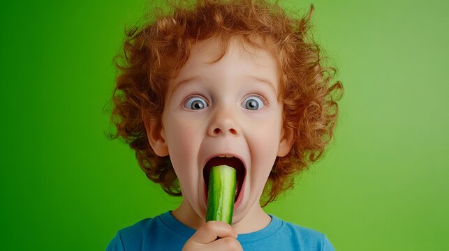 Redheaded Child is Eating a Cucumber against a Green Background with wide eyes and an open mouth!