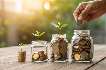 Saving money and financial growth investment concept. Hand placing coin into jar with growing plant sprouts, symbolizing financial savings, investment growth, and money management over time