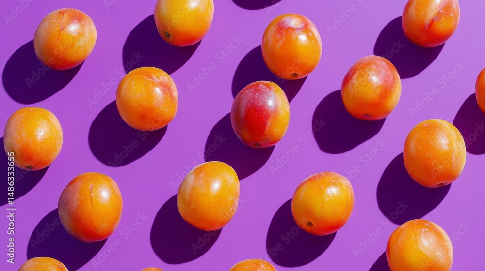 Aufkleber overhead shot of ripe plums arranged in a repeating pattern on a purple background.